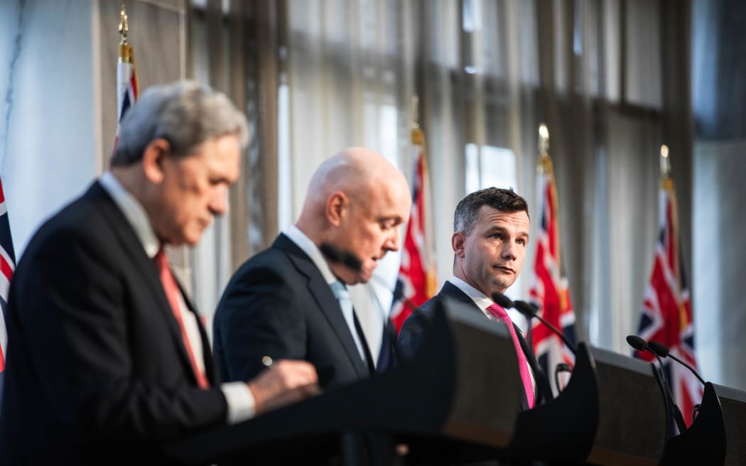 Deputy Prime Minister Winston Peters, Prime Minister Christopher Luxon and ACT leader David Seymour on 24 November, 2023.