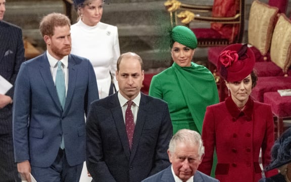 Prince Harry, Duke of Sussex and Meghan, Duchess of Sussex follow Prince William, Duke of Cambridge and Catherine, Duchess of Cambridge leaving as they depart Westminster Abbey after attending the annual Commonwealth Service in London on March 9, 2020.