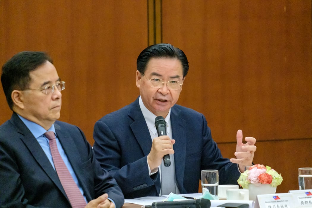Taiwan Foreign Minister Joseph Wu (R) seen talking to the media during the foreign press briefing in Taipei, Taiwan, 07 April 2021.