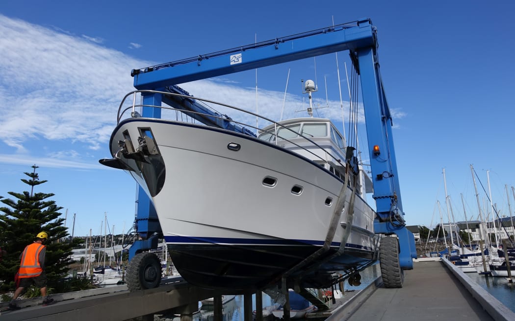 A vessel is hauled at the Nelson Marina for regular anti-foul treatment on its hull.