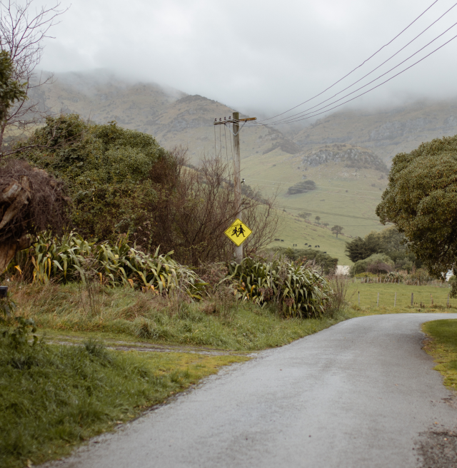 A landscape image of an tarsealed road with no road markings, with lush green but ruggard lawns and trees on either side. There are mountains in the background covered with fog and the ground looks wet from rain. The words "Far From Town" appear in soft pink capital letters in the top left corner.