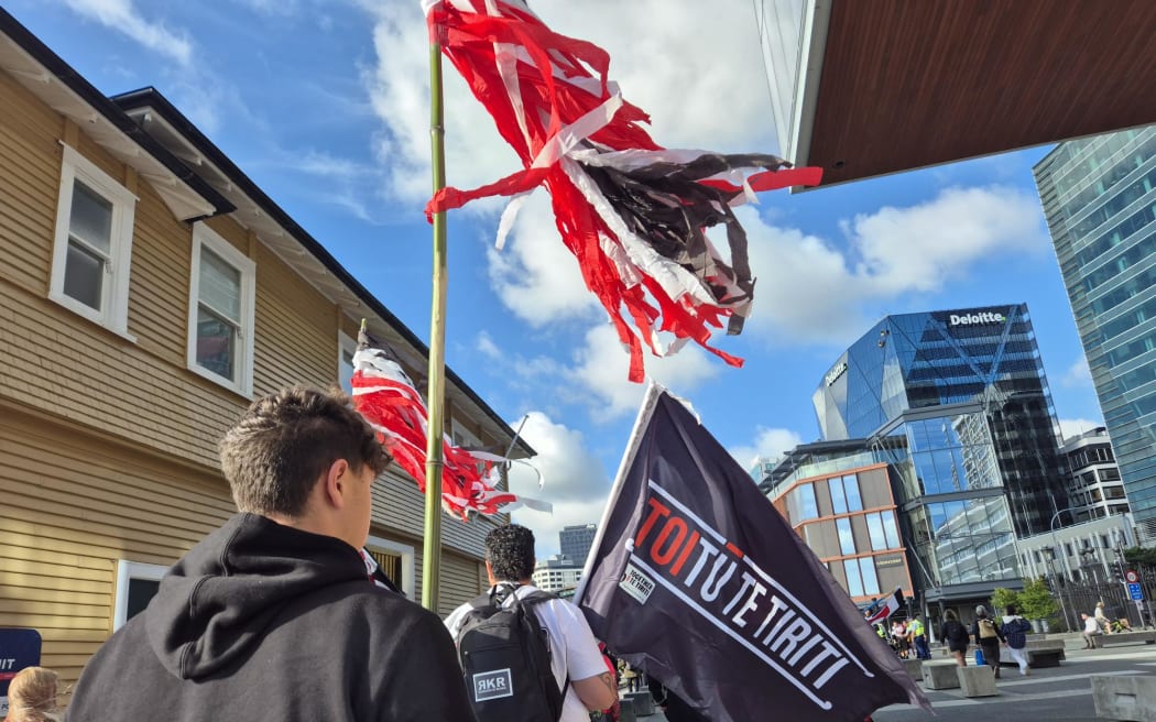 Hundreds flooding the street from the train station to Waitangi Park.