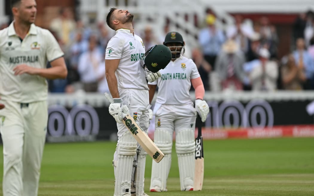 South Africa's Aiden Markram reacts after reaching his century on day three of the ICC World Test Championship cricket final match between Australia and South Africa, at Lord's cricket ground, in London, on June 13, 2025. (Photo by Glyn KIRK / AFP) / RESTRICTED TO EDITORIAL USE. NO ASSOCIATION WITH DIRECT COMPETITOR OF SPONSOR, PARTNER, OR SUPPLIER OF THE ECB