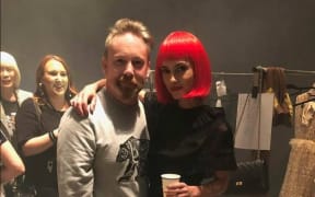 Fashion designer Adrian Hailwood backstage at last year's New Zealand Fashion Week with model Lilly Montana.