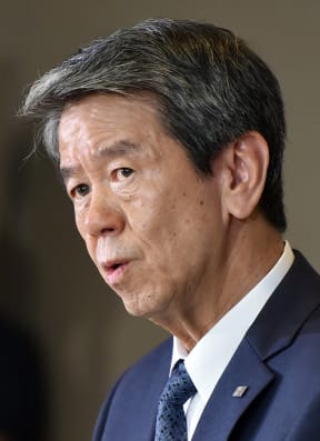 Hisao Tanaka - pictured speaking to the press at Toshiba's headquarters in Tokyo on 29 May 2015.