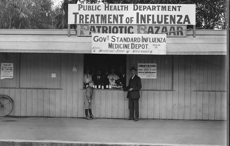 An influenza medicine depot in Christchurch for "poor" people. Taken by an unknown photographer 4 December 1918.