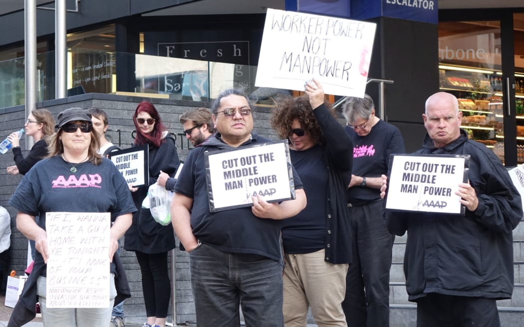 Auckland Action Against Poverty protesting against recruitment agency Manpower Services.