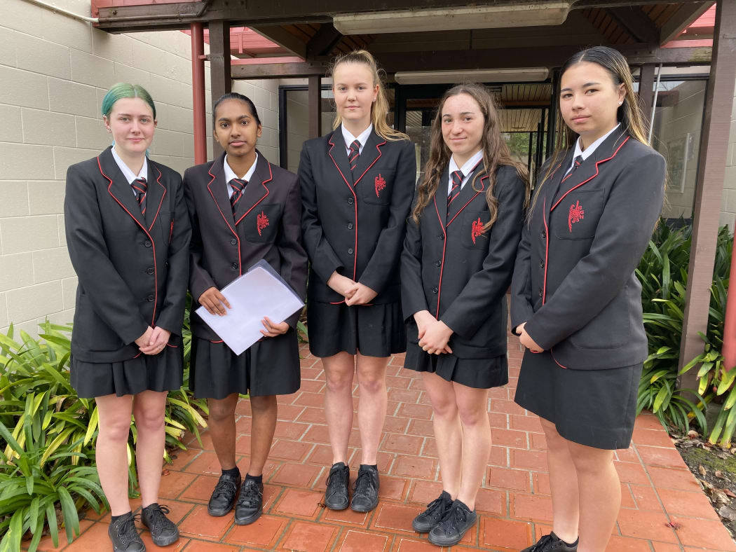 Gisborne Girls’ High School students Madison Haggland (left), Talia Chetty, Leah Scholefield, Emily Horne and Samara Wharehinga-Walters put their concerns to Hauora Tairawhiti board members yesterday.