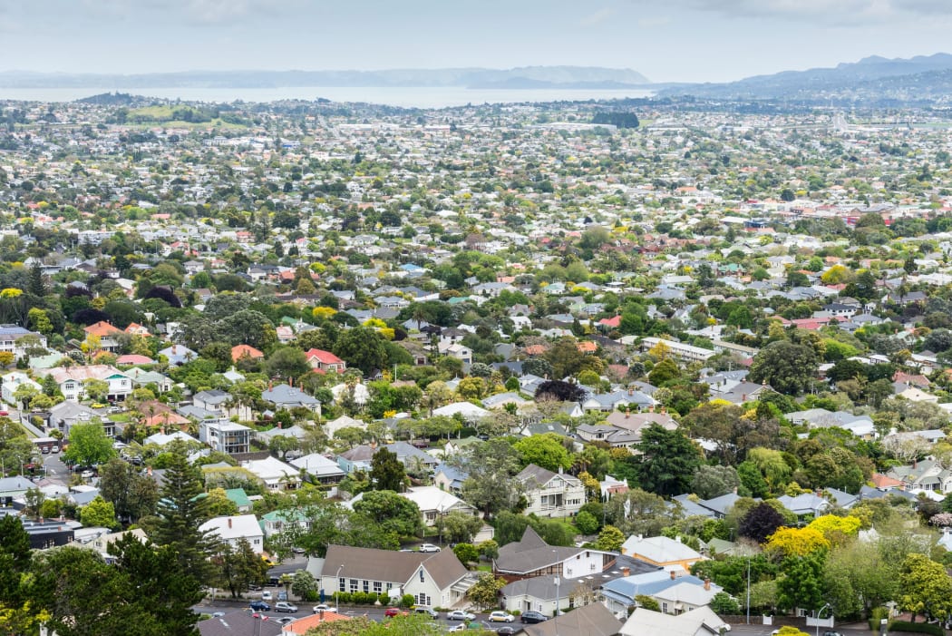 View from above of residential streets and houses housing in Auckland.