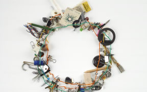 Lisa Walker, "What Karl didn't take with him", 2010, buttons, pencils, corks, paper clips, screws, soy sauce bottle, paper, thread. (Te Papa, purchased 2010)