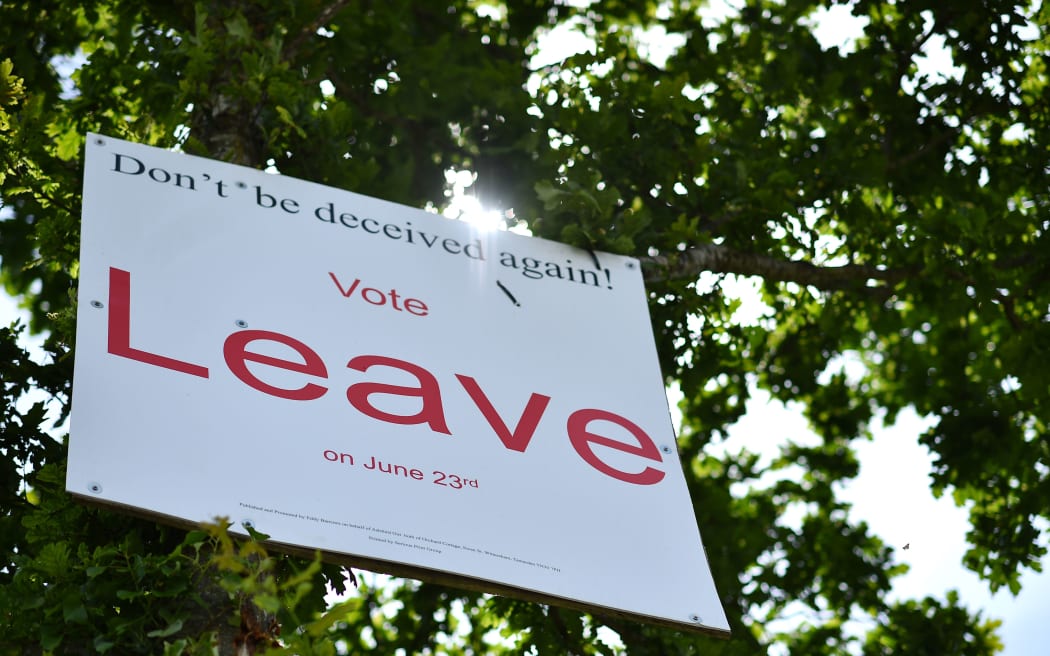 A 'Vote Leave' sign on the roadside near Charing southeast of London.