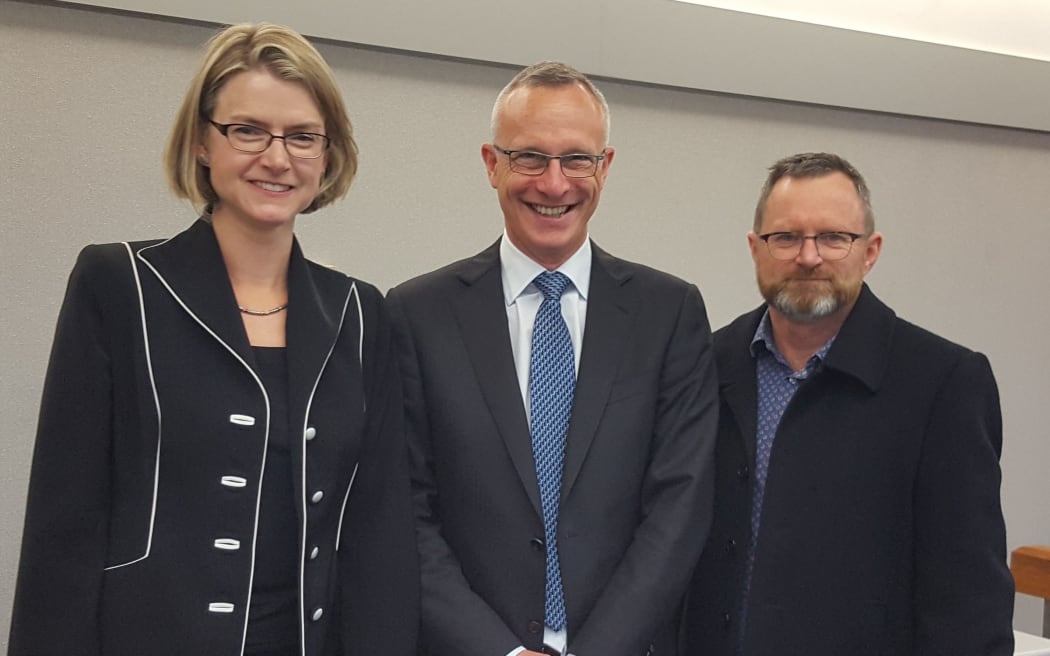 Legal counsel for patients: Liesle Theron, left, David Goddard QC and patient James Elliot during a break in a hearing at High Court in Wellington today