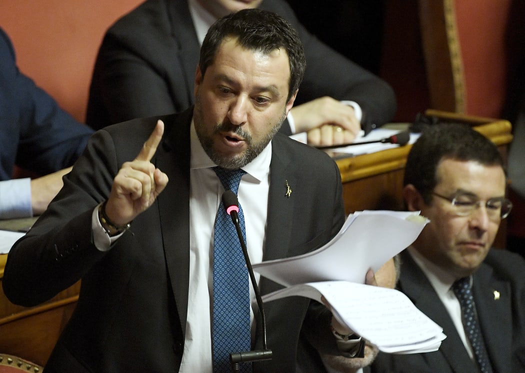 Italian Lega party far-right leader Matteo Salvini gestures as he addresses the Senate on February 12, 2020 in Rome, as Italian senators are to decide whether he should face trial on charges of illegally detaining migrants at sea last year.