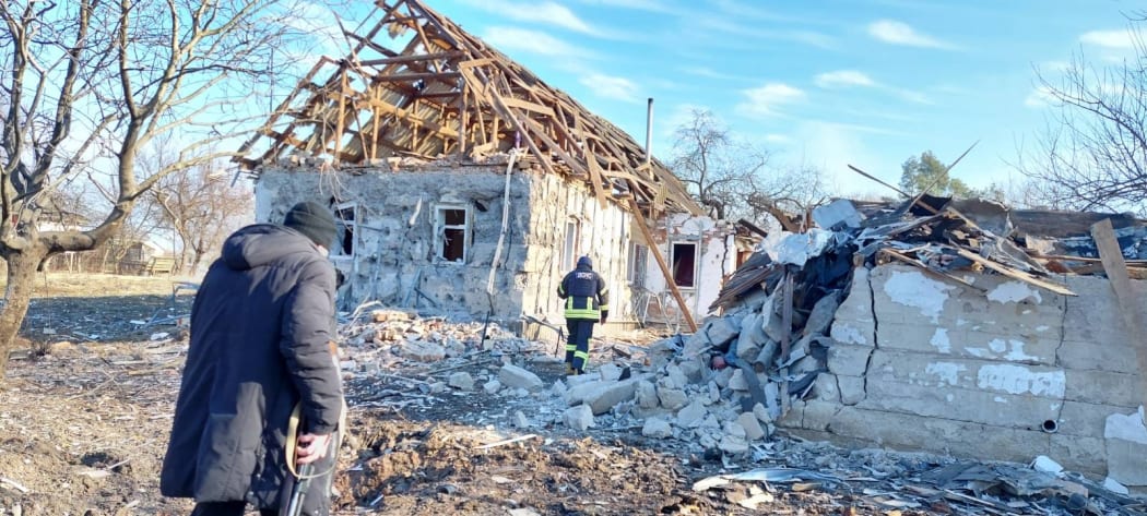 Village house is destroyed by Russia army shelling in the village of Pavlivka in Chernihiv, Ukraine, on 28 February, 2022.