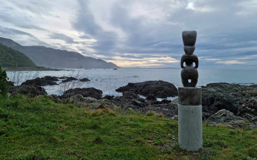 A pou whenua overlooking Goose Bay.