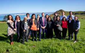 Members of the Matuaokore Ahuwhenua Trust with Minister of Māori Development Nanaia Mahuta and Minister of Justice Andrew Little in Tamarau, Gisborne.