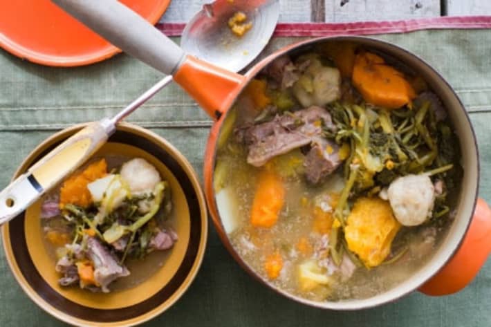 A classic Kiwi boil-up in a saucepan.