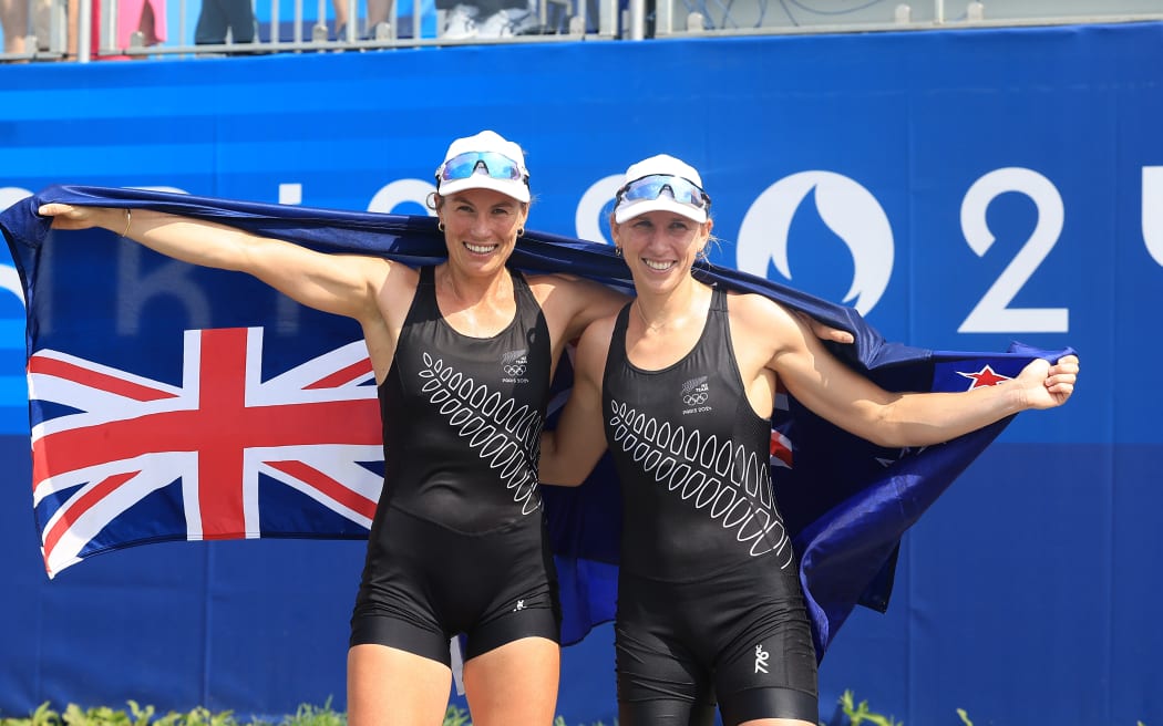 Womens Double Scull final, Brooke Francis and Lucy Spoors from New Zealand.
Rowing at Vaires-sur-Marne Nautical Stadium.