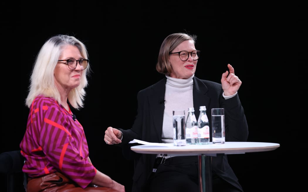 AUCKLAND, NEW ZEALAND - AUGUST 29: Designer Kate Sylvester (R) is interviewed by Stacy Gregg during the 30 Years of Kate Sylvester & The Women Who Inspired Her discussion at New Zealand Fashion Week 23: Kahuria at Viaduct Events Centre‎ on August 29, 2023 in Auckland, New Zealand.