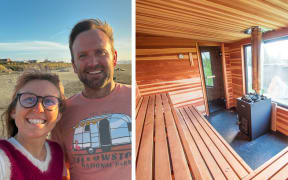 A composite image showing Sally and Malcolm smiling on the left, and an interior of a wooden sauna on the right.