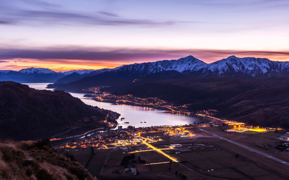 aerial view of Frankton and Lake Wakatipu at twilight  Queenstown, New Zealand