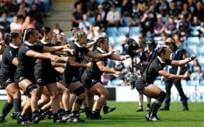 New Zealand players performing the Haka before a 2025 World Cup game.