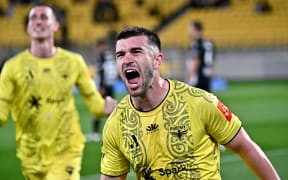 Tim Payne of the Phoenix celebrates after scoring a goal during the A-League Men's clash with Macarthur FC at Sky Stadium.