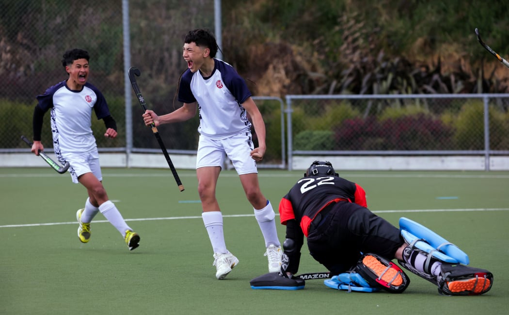 St Andrew's College v Te Kura Kaupapa Maori o Ruamata. 2023 Rankin Cup tournament at National Hockey Stadium in Wellington, New Zealand on Monday, 28 August 2023. Photo: Dave Lintott / lintottphoto.co.nz