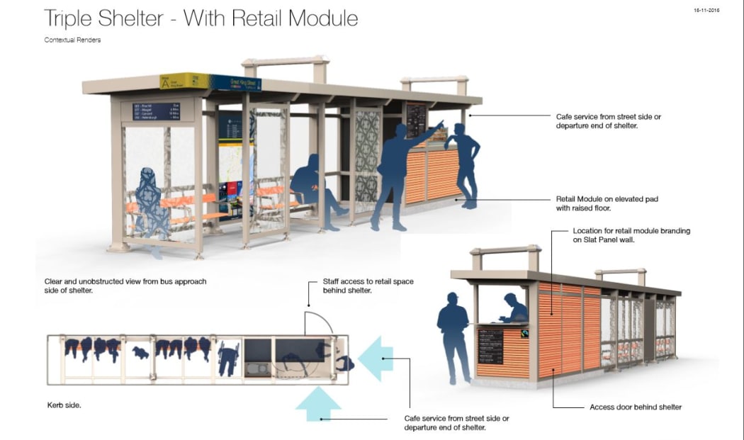 The Dunedin bus hub plan with a retail of coffee shelter.