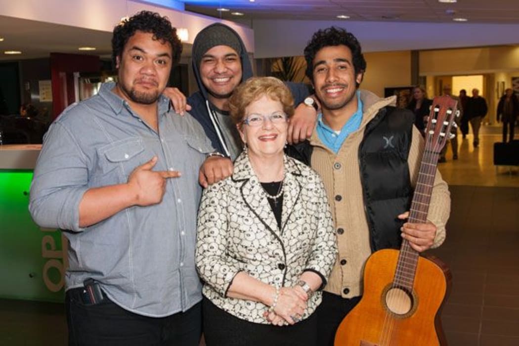 Dame Malvina Major with Pene Pati, Amitai Pati and Moses MacKay