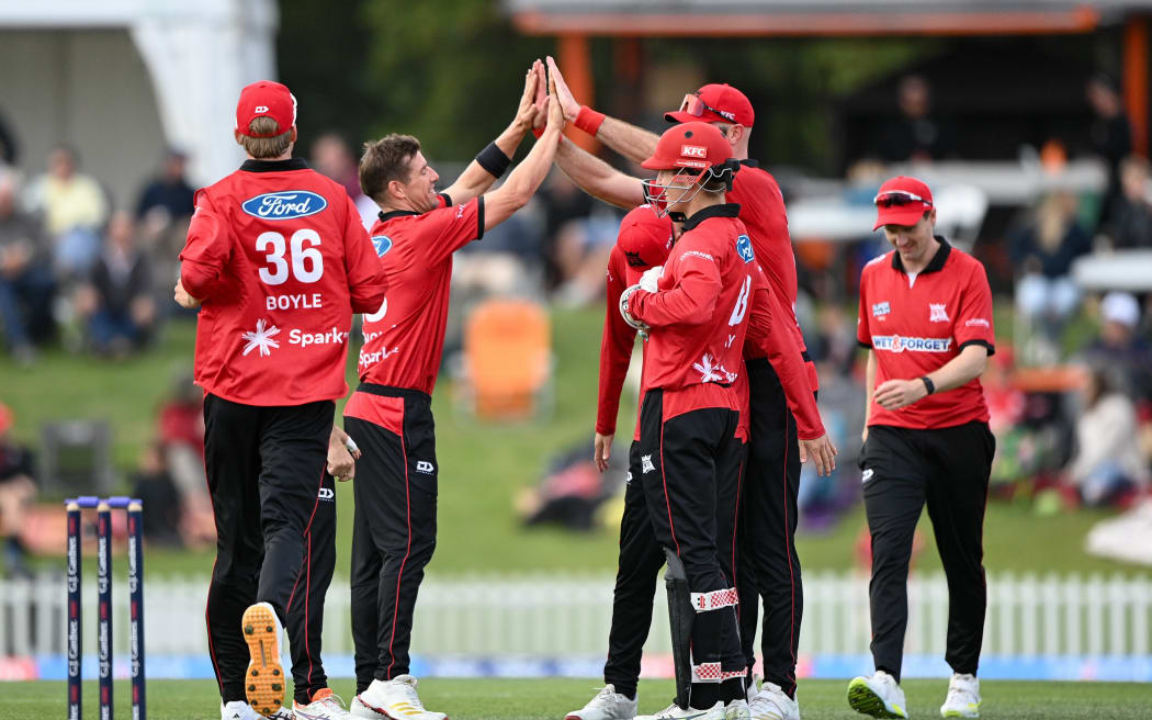 Canterbury celebrates a wicket against Auckland in their Super Smash elimination final against Auckland.