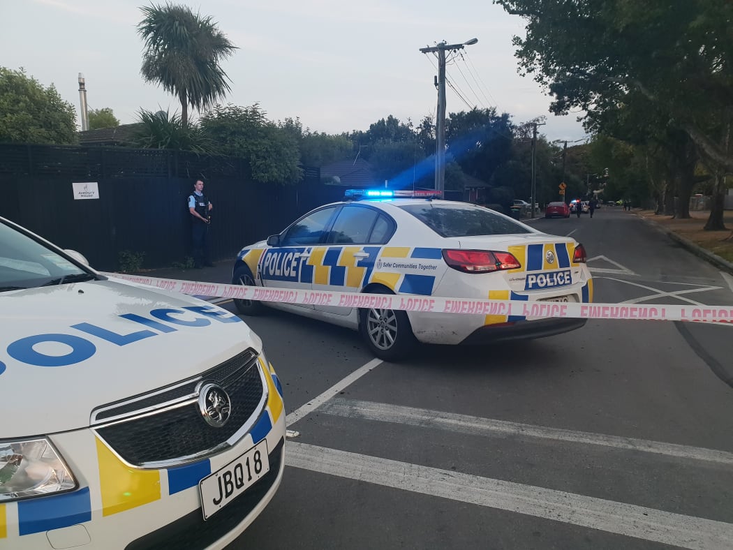 A police cordon in Richmond, Christchurch, where a man was shot on Tuesday evening.