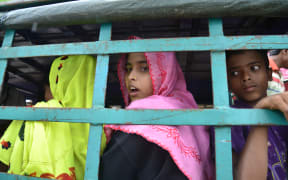 Rohingya refugees being moved to a camp after crossing the border from Myanmar into Bangladesh.