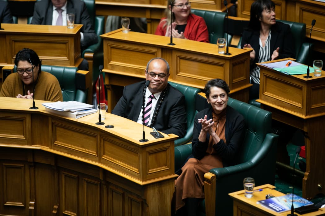 Labour MPs Poto Williams (right) and Aupito William Sio (left) listen to the Minister of Finance Grant Robertson announce funding for Pacific people in his Budget 2021 statement to the House