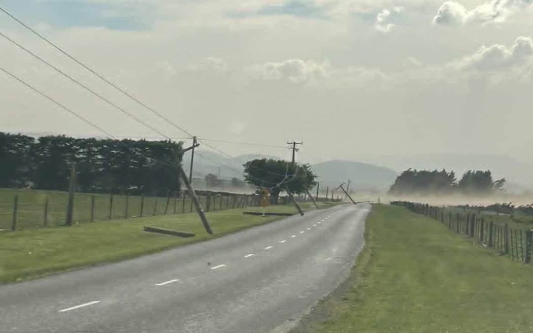 Leslie Hills Road, inland Canterbury, as fierce winds batter the area.