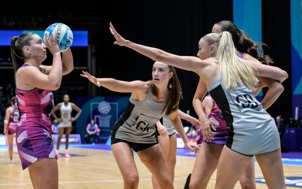 Kelly Jackson of New Zealand and Carys Stythe of New Zealand defend, New Zealand Silver Ferns v Scotland, pool B netball match of the 2026 Glasgow Commonwealth Games at OVO Hydro, Glasgow, Scotland on Saturday 25 July 2026.
Photo: Jayne Russell / Photosport
