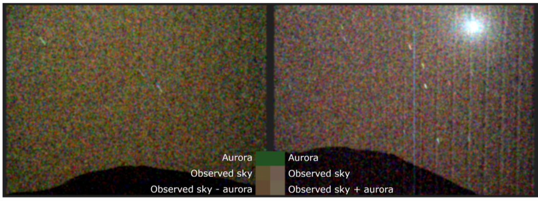 The first visible-light image of a green aurora on Mars, left, taken by NASA’s Perseverance rover. A comparison image, right, shows the night sky without the aurora but featuring the Martian moon Deimos.