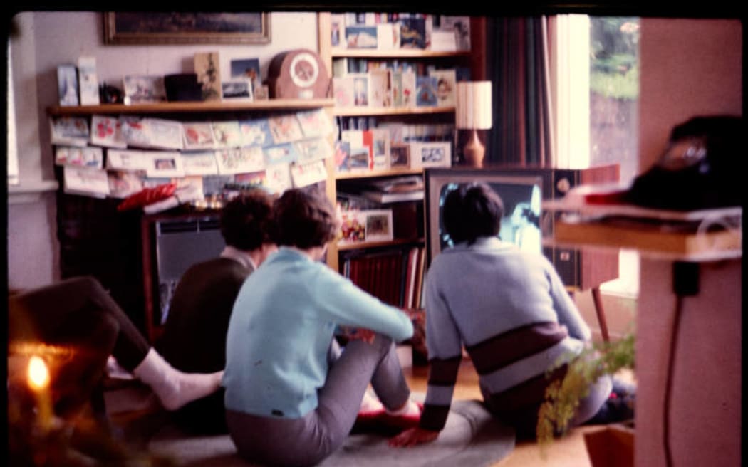 Diane, Elizabeth and Pamela Clark watching television at Taipakupaku, 1966.