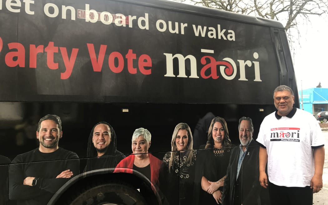 Rahui Papa witht the Māori Party campaign bus.  (2017)
