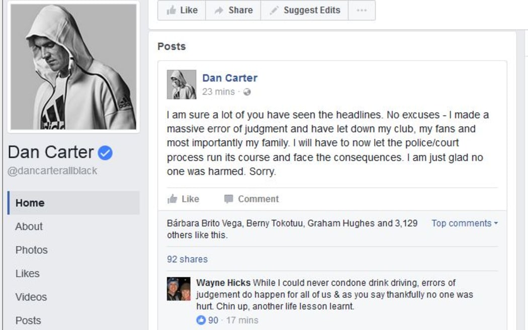 Dan Carter has apologised on Facebook after being caught drink driving in France.