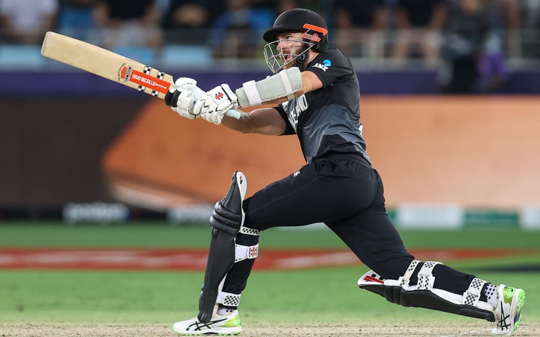 Captain Kane Williamson of New Zealand hits a six during the ICC Men's T20 World Cup final cricket match between Australia and New Zealand at Dubai International Cricket Stadium in Dubai, United Arab Emirates, Sunday, November 14, 2021.