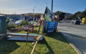 Election hoardings from across the political spectrum seen toppled in Mirimar on 18 September 2023 after the extreme wind overnight.