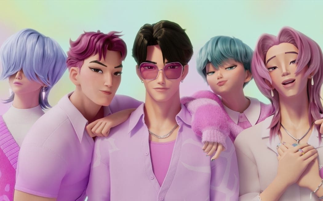 Animation film K-Pop Demon Hunters' Saja Boys members inu, Abby, Mystery, Romance, and Baby in pink outfits.