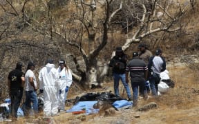 Forensic experts work with several bags of human remains extracted by helicopter from the bottom of a ravine at the Mirador Escondido community in Zapopan, Jalisco state, Mexico. The Jalisco prosecutor's office is investigating to find out if the remains belong to seven missing call center workers.