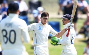 Mitchell Santner celebrates his century during play on Day 4. 1st Test match. New Zealand Black Caps v England. International Cricket at Bay Oval, Mt Maunganui, New Zealand. Sunday 24 November 2019