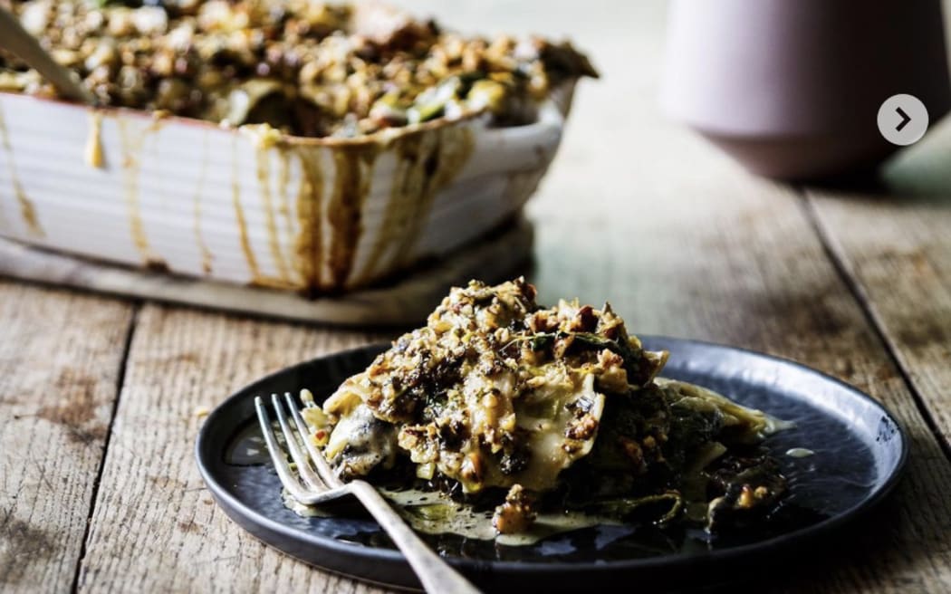 Spinach, leek and mushroom lasagne