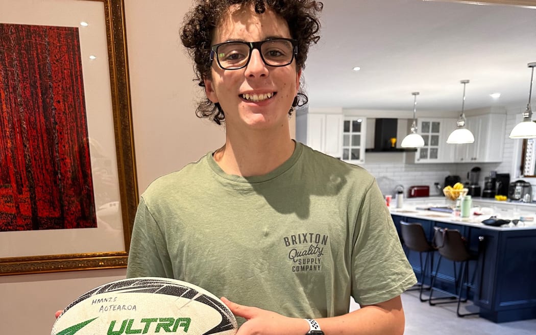 Fifteen-year-old Max El-Tahche of Akaroa, St Helens, Tasmania, found a rugby ball marked ‘HMNZS Aotearoa’ washed up on Blanche Beach.