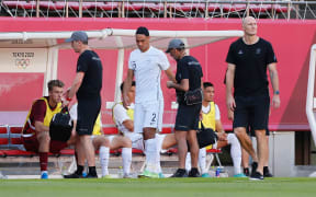 Winston Reid after his injury during New Zealand v Hondulas, Men's Group B Tokyo 2020 Olympic Games football match at Ibaraki Kashima Stadium, Japan on Sunday 25th July 2021.
