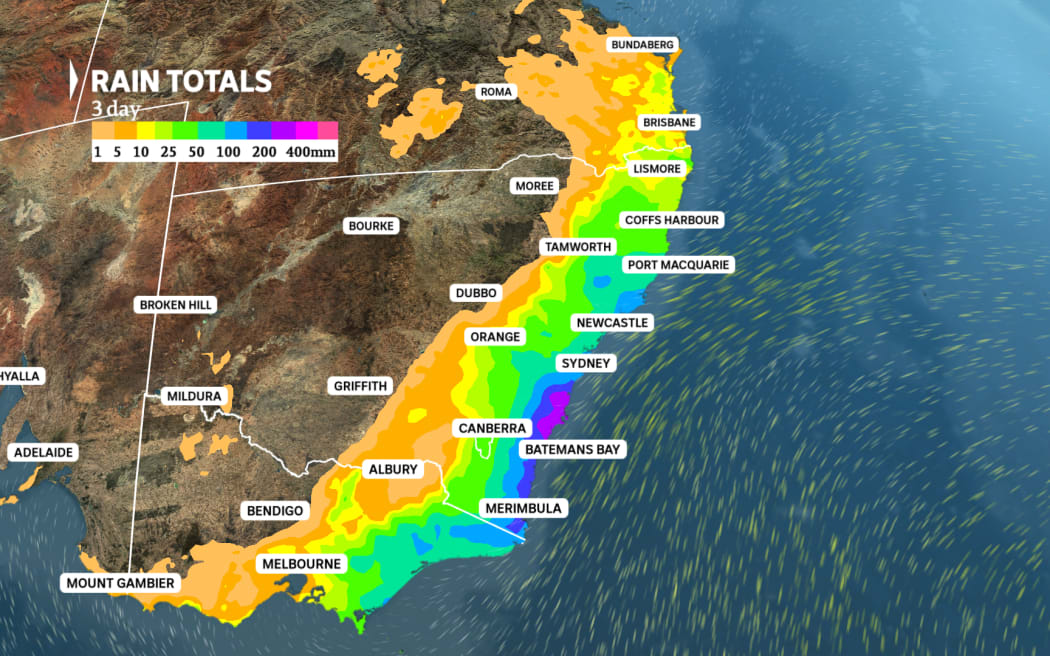 Well over 100mm of rain is ahead for much of the NSW coast during the next 72 hours.