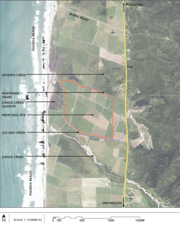 A map submitted by Tiga in its consent application detailing the mine area on farmland, in red, with the dominant natural features including waterways detailed around the site.